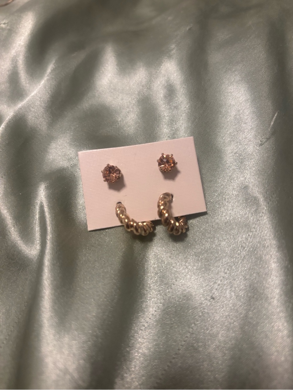 Gold Twisted Hoop and Pink Crystal Stud Earring Set